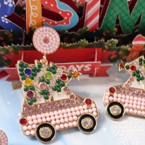 Pink Beaded Christmas Bow Christmas Tree Car Gloves Snowflake Earring - Picture 2 of 4